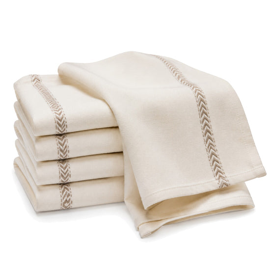 Primeval ivory and beige herringbone border cotton kitchen towel set in folded studio presentation