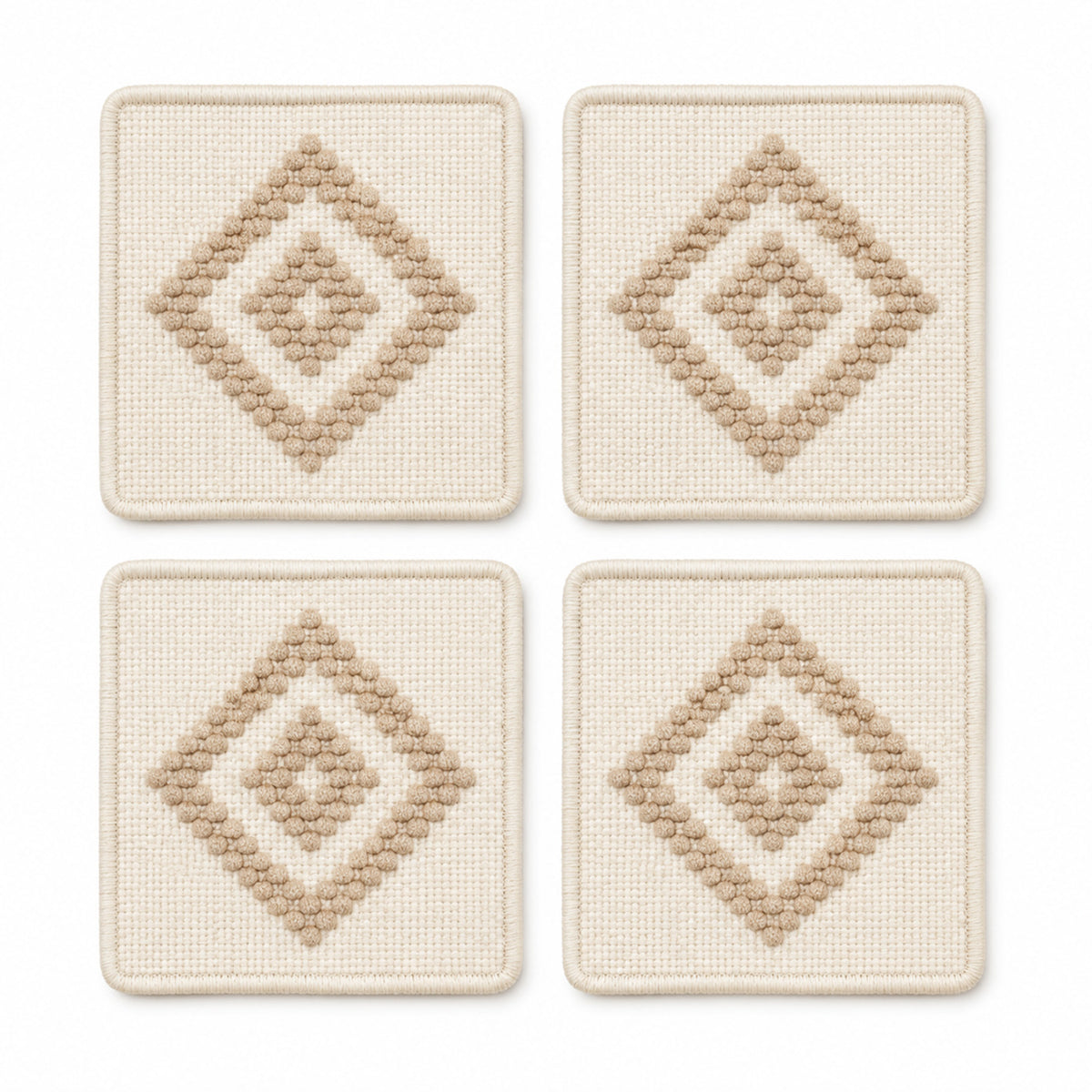 Ivory beige tufted diamond coaster set on a clean white background