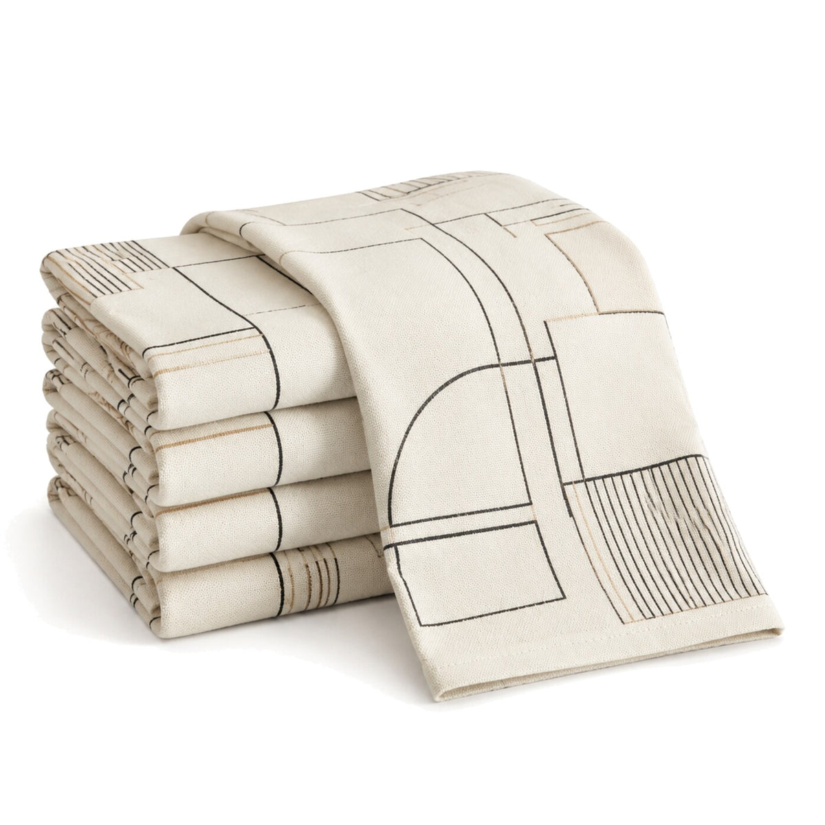 Primeval ivory and black abstract line print cotton kitchen towel set in folded studio presentation