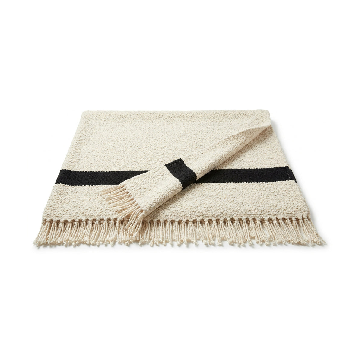 Ivory and black bold stripe handwoven cotton throw with fringe 130×170 cm by Primeval