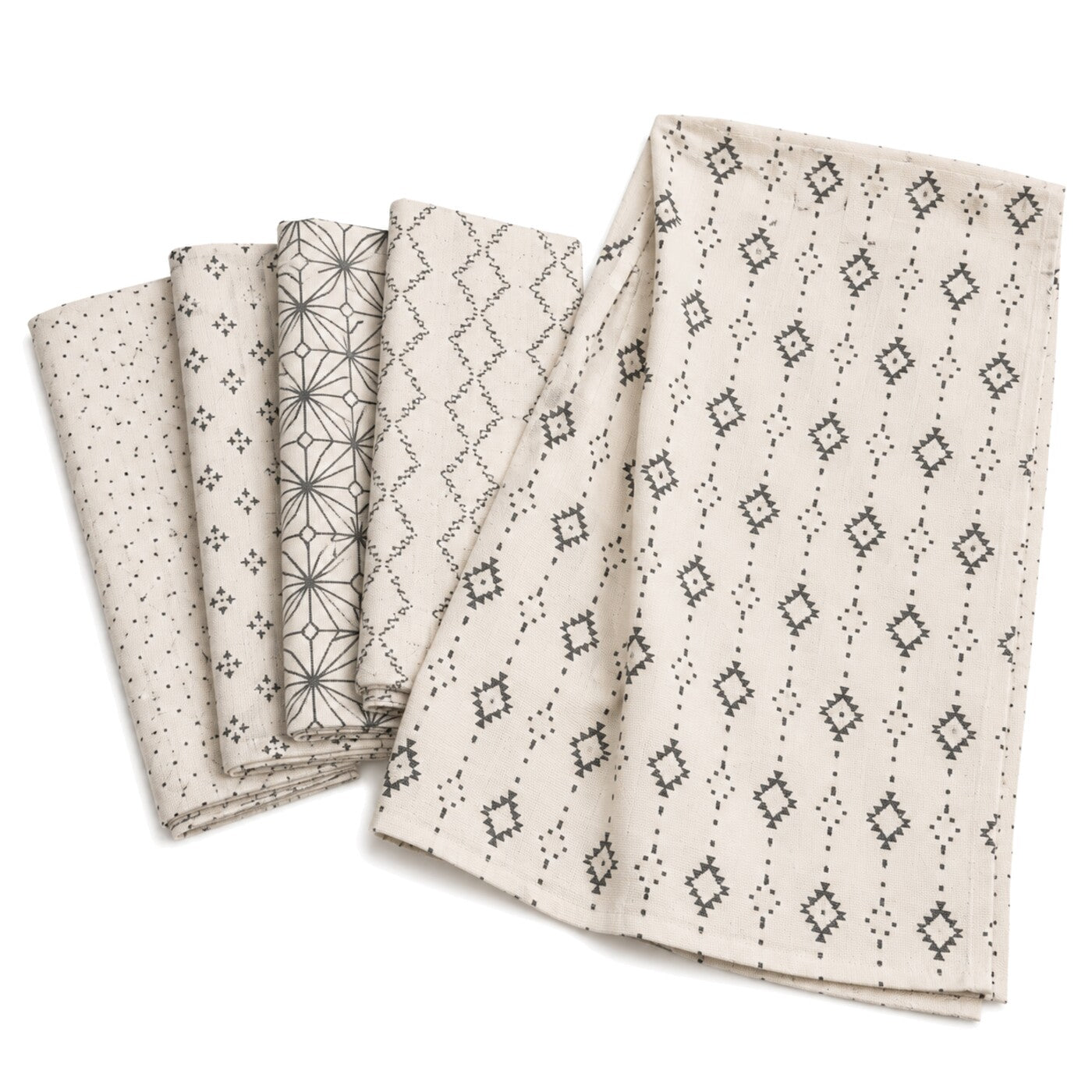 Primeval ivory and black diamond geometric print cotton kitchen towel set in folded studio presentation