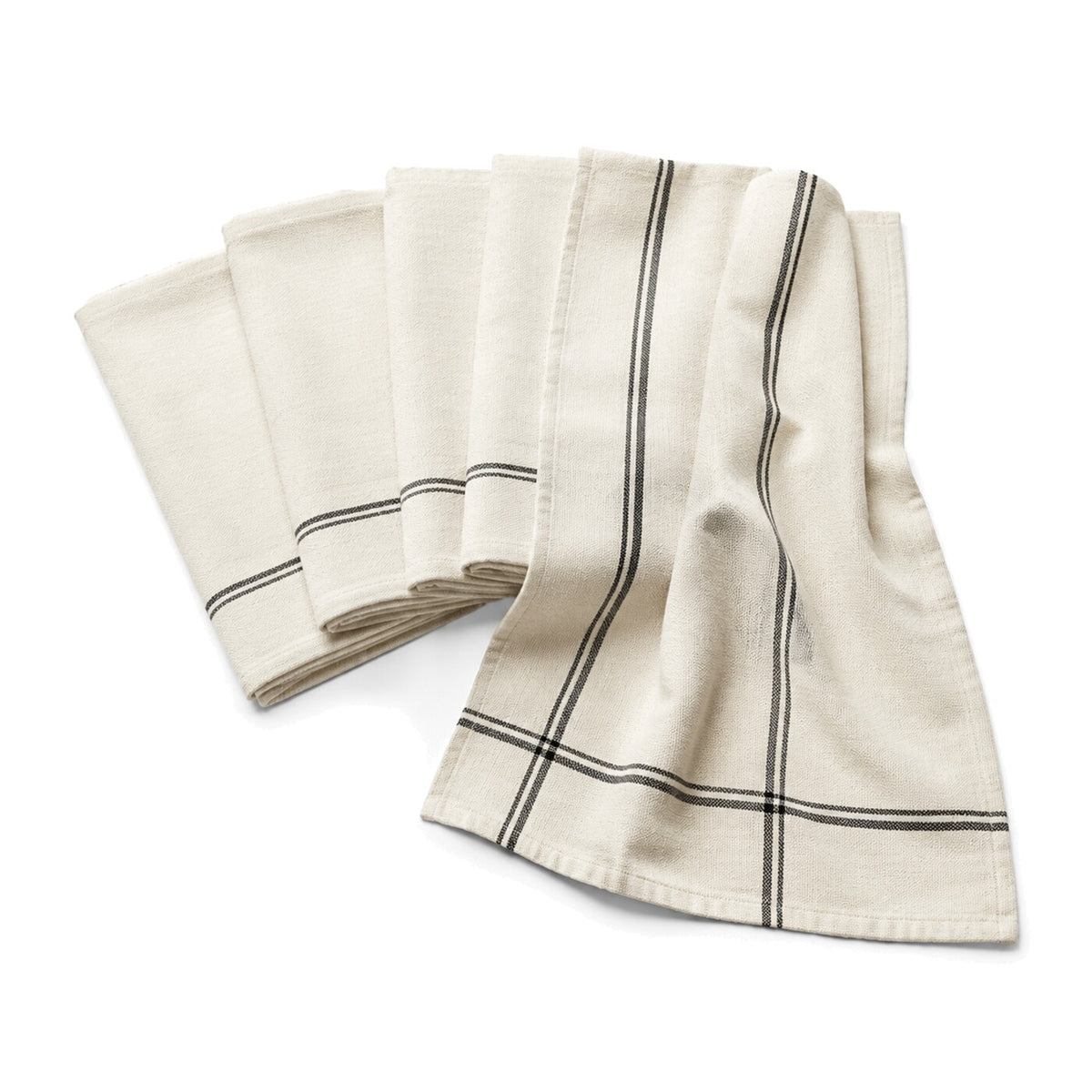 Primeval ivory and black fine stripe cotton kitchen towel set in folded studio presentation