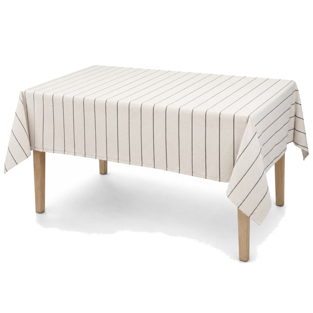 Primeval ivory black fine stripe tablecloth displayed on a rectangular dining table