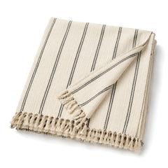Ivory and black handloom striped cotton throw with fringe 130×170 cm by Primeval