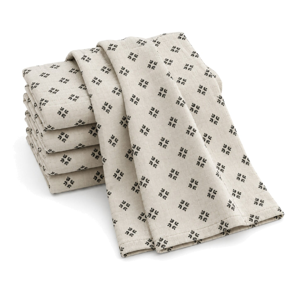 Primeval ivory and black mini geometric print cotton kitchen towel set in folded studio presentation
