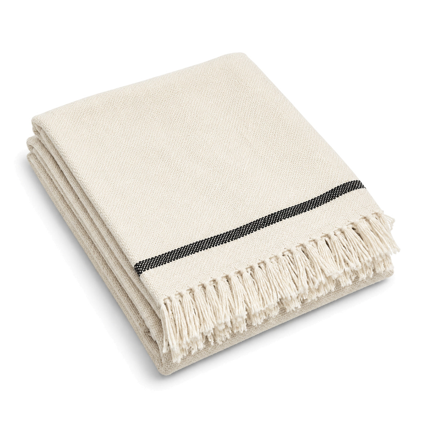 Ivory and black single stripe handwoven cotton throw with fringe 130×170 cm by Primeval