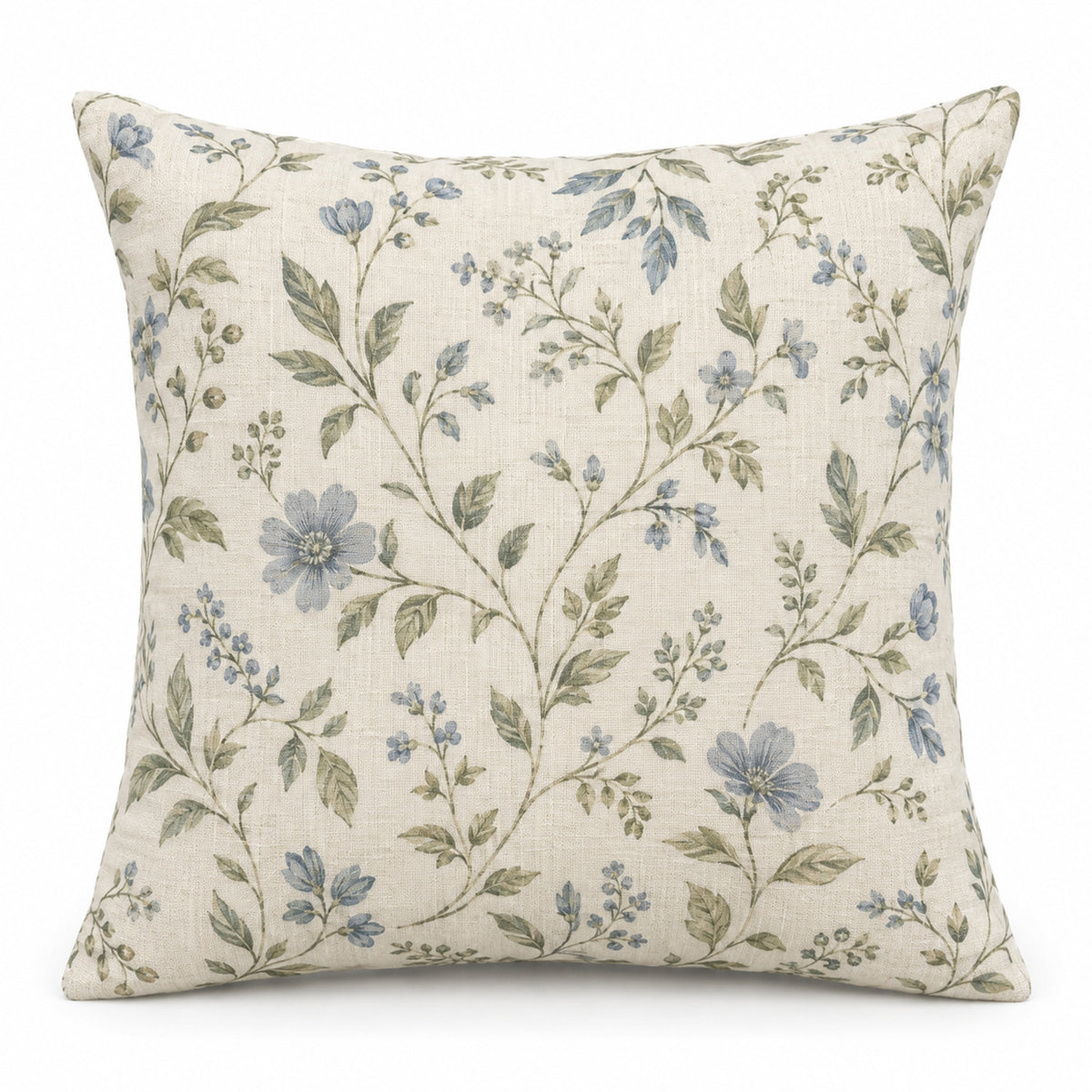 Ivory decorative cushion cover with delicate blue and grey botanical floral print