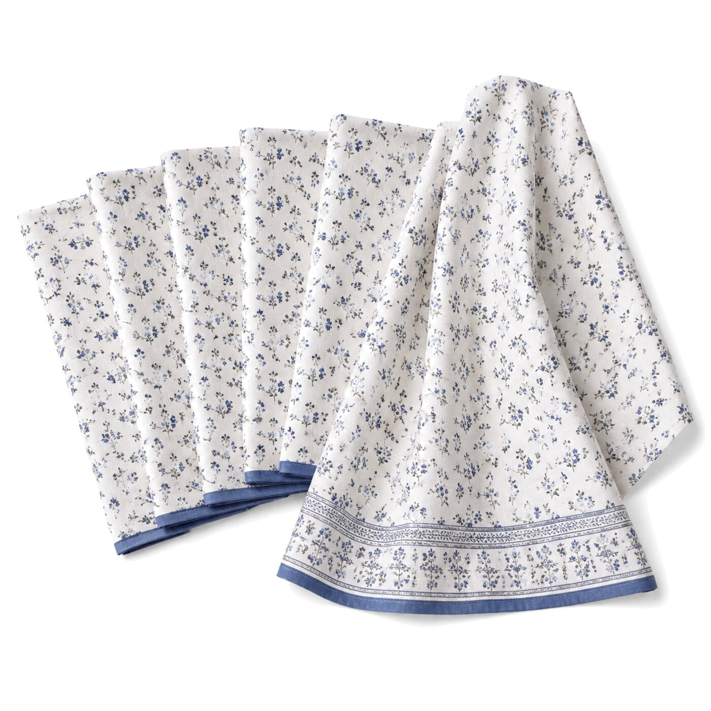 Primeval ivory and blue floral border print cotton kitchen towel set in folded studio presentation