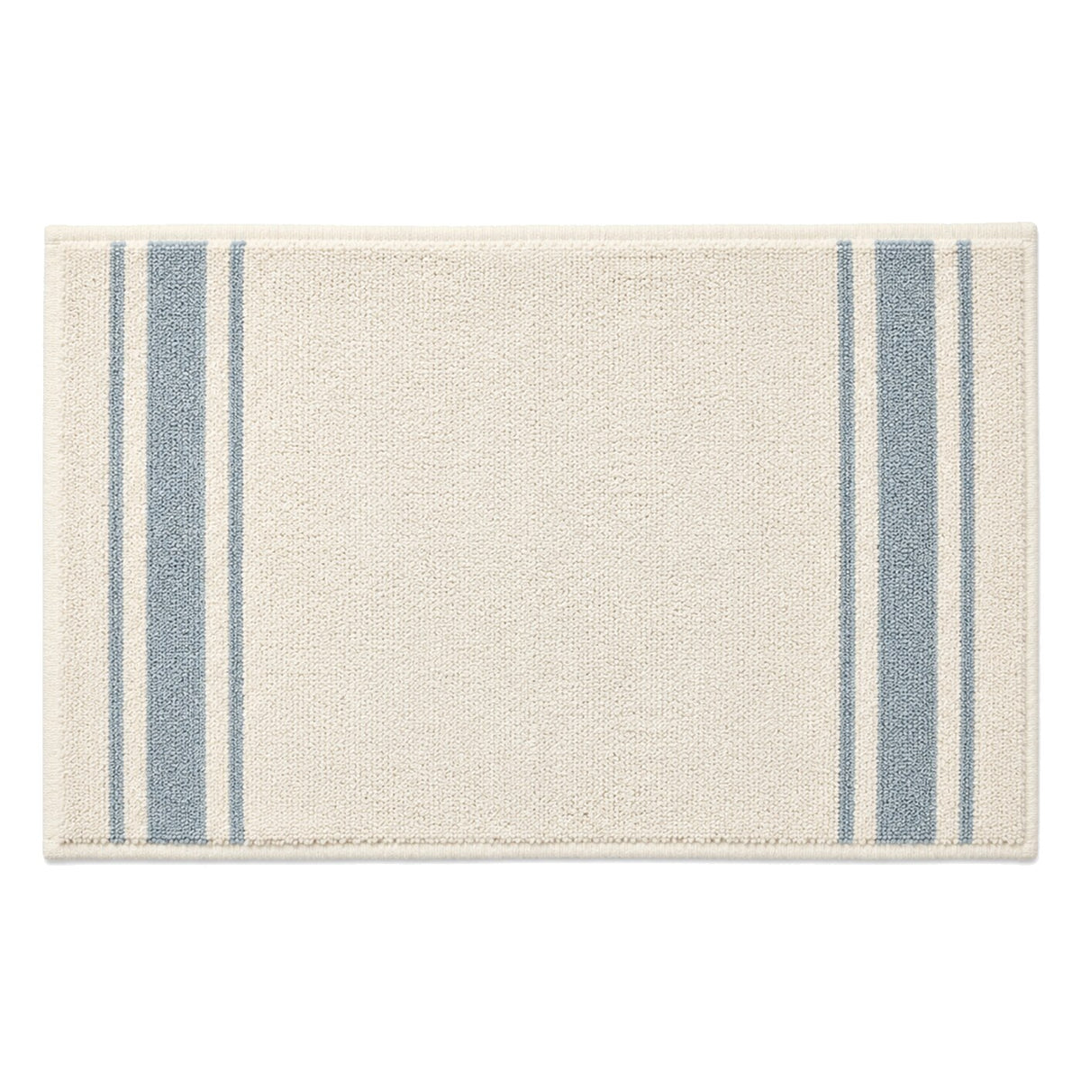 Ivory bath mat with blue side stripes for coastal bathroom styling - Primeval