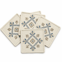 Ivory blue taupe embroidered coaster set on a clean white background