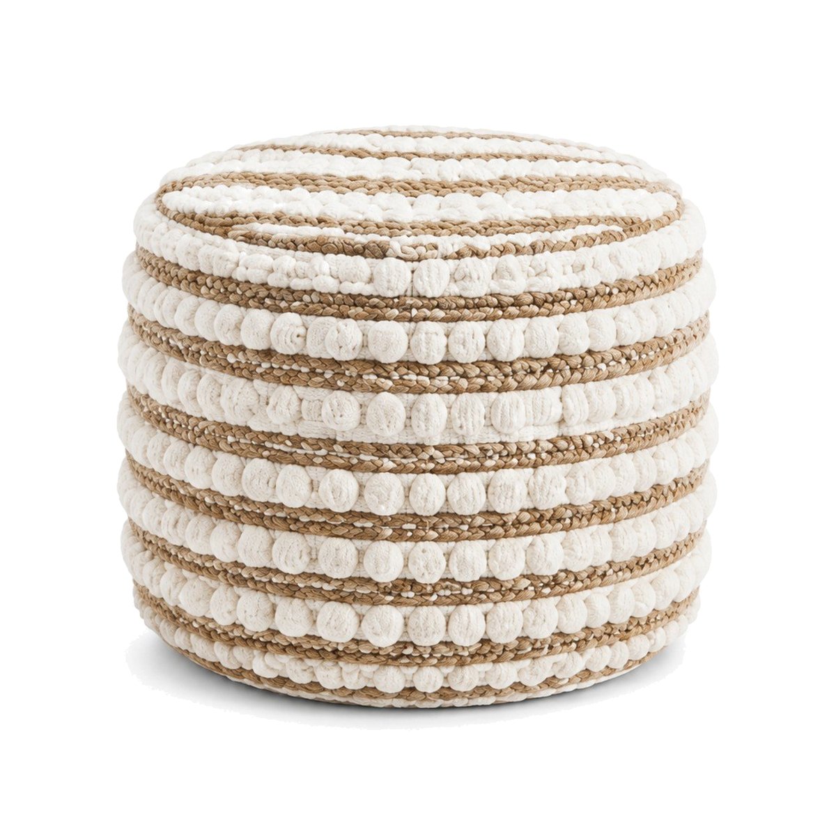 Natural jute round pouf with ivory bobble textured bands