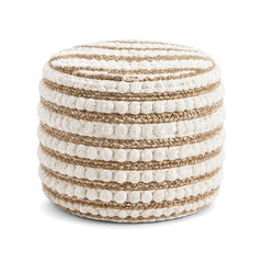 Natural jute round pouf with ivory bobble textured bands