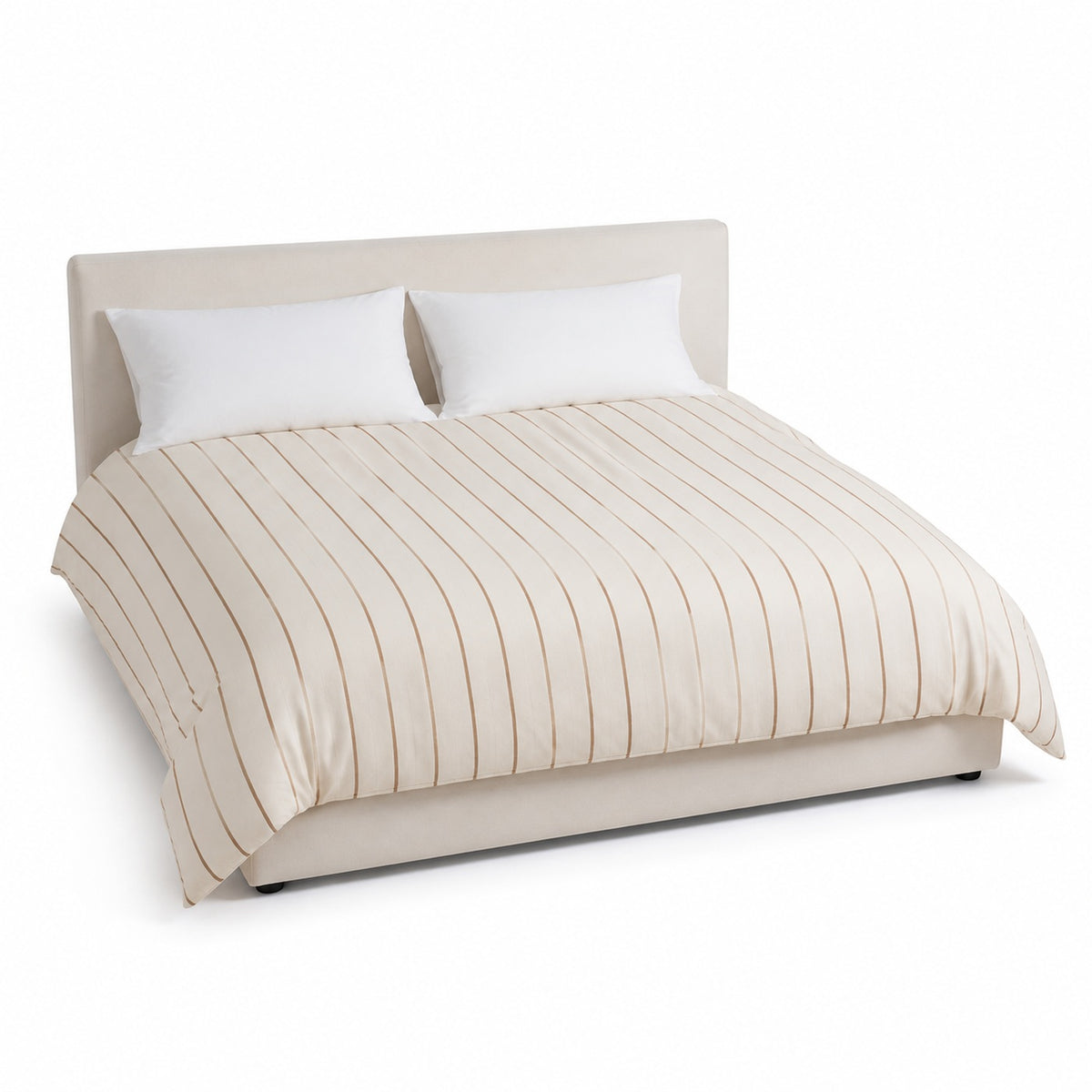 Primeval ivory camel narrow stripe duvet cover displayed on a styled bed against a clean white studio background
