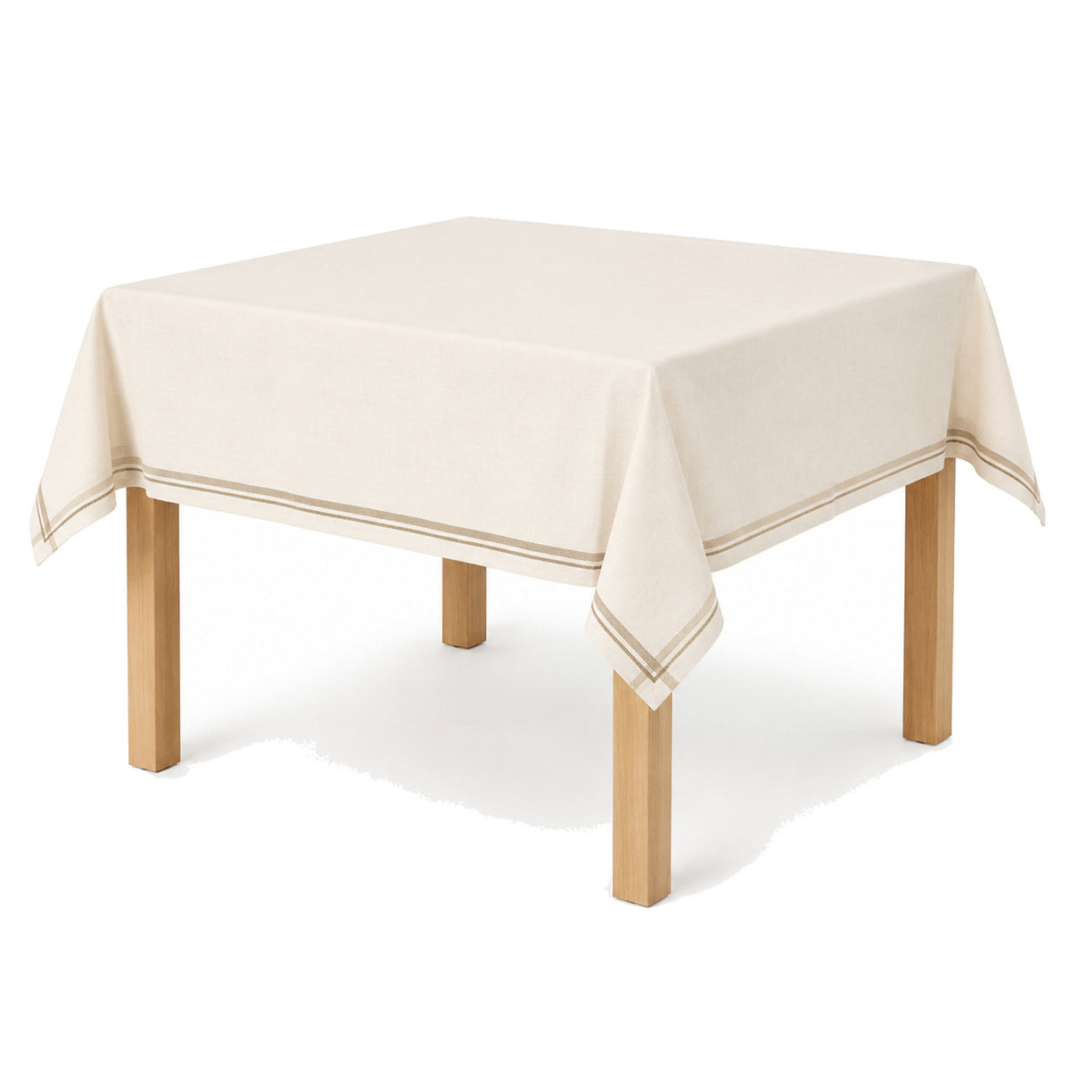 Primeval ivory camel stripe border tablecloth displayed on a square dining table