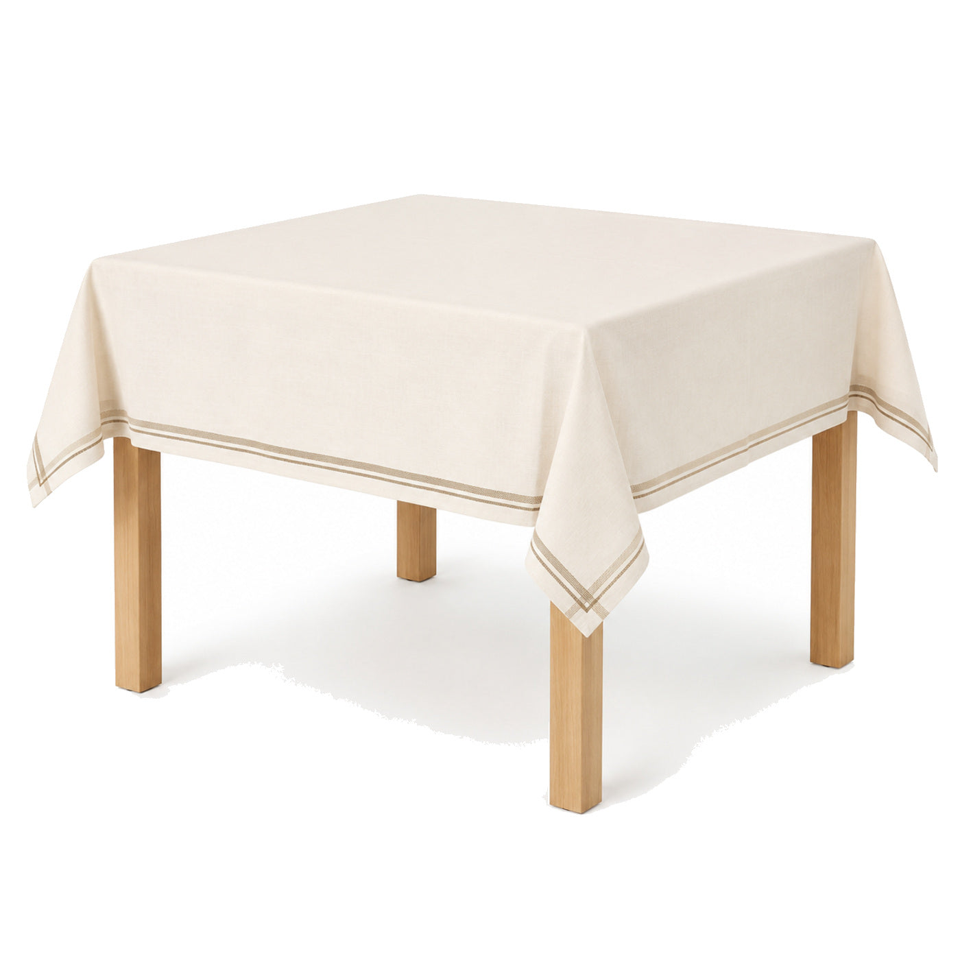 Primeval ivory camel stripe border tablecloth displayed on a square dining table