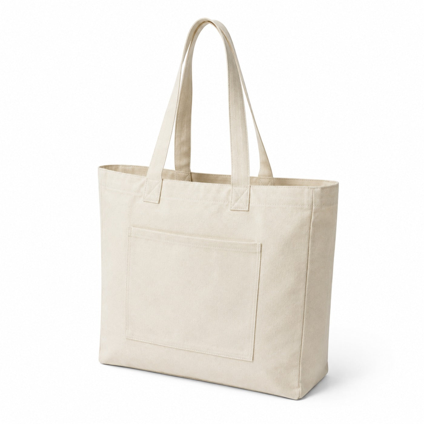 Ivory canvas tote bag with large front utility pocket and long handles on a white background.