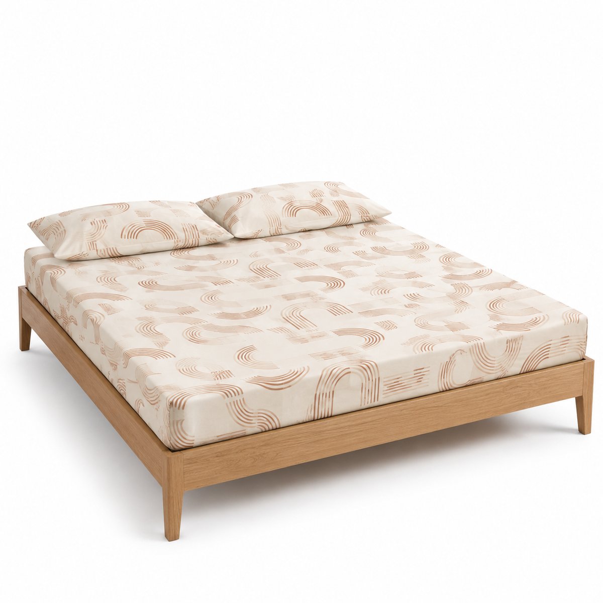 Ivory and caramel curved-line abstract bed sheet set with matching pillowcases on a wooden bed