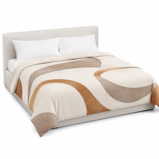 Primeval ivory caramel and taupe curved-form duvet cover displayed on a styled bed against a clean white studio background
