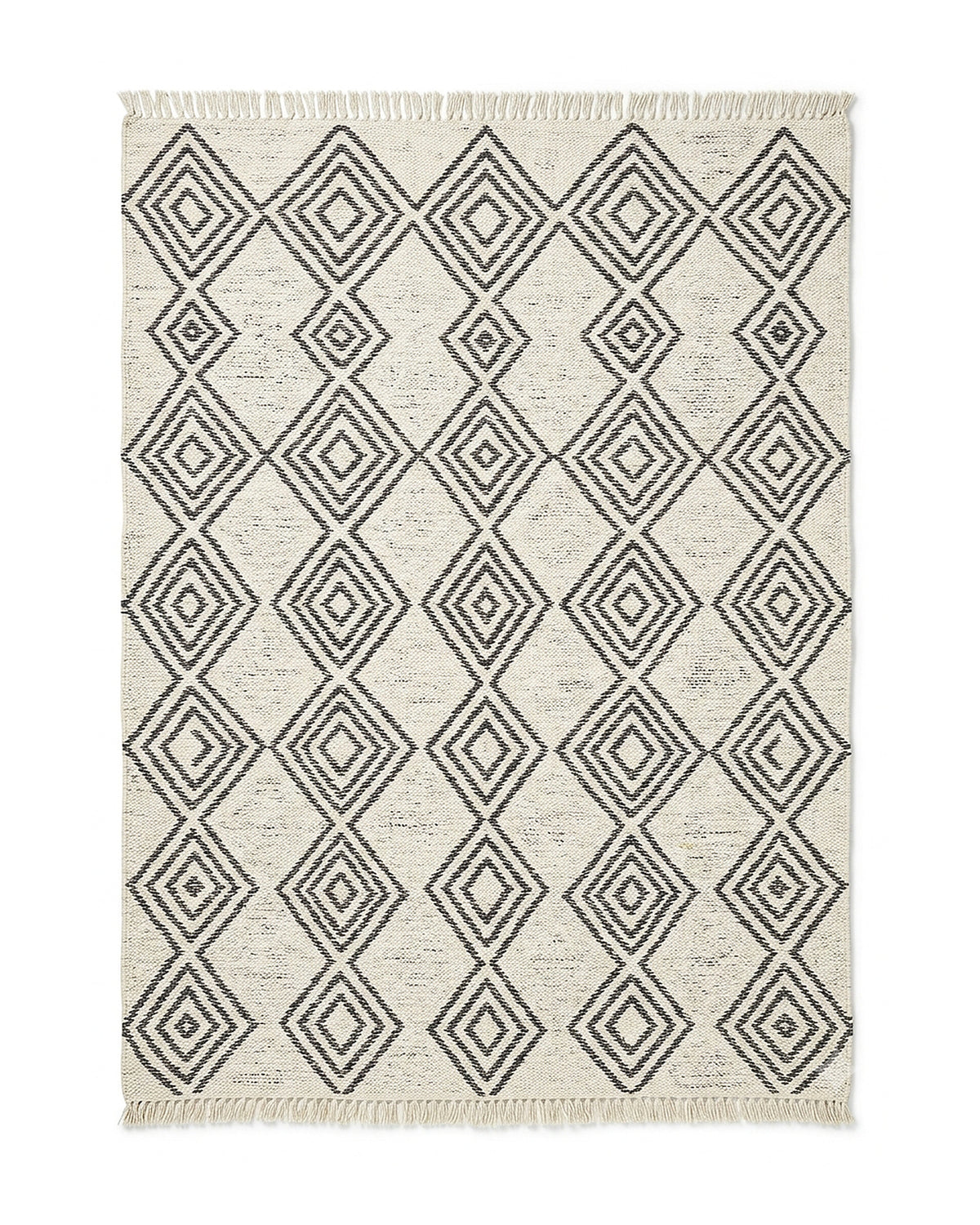 Ivory and charcoal diamond trellis flatweave-style rug with fringe by Primeval