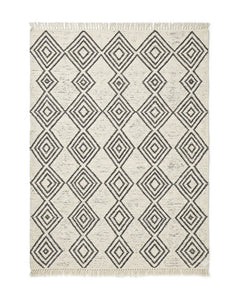 Ivory and charcoal diamond trellis flatweave-style rug with fringe by Primeval