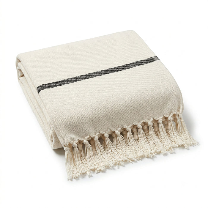 Ivory and charcoal single stripe woven cotton throw with fringe 130×170 cm by Primeval