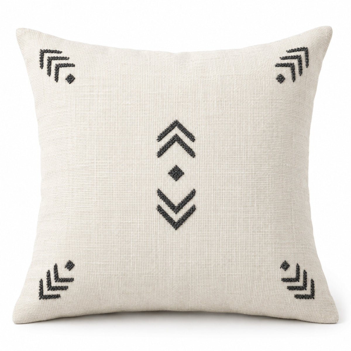 Machine Embroidered Geometric Cushion Cover – Ivory & Black Tribal Pattern – 45 x 45 cm