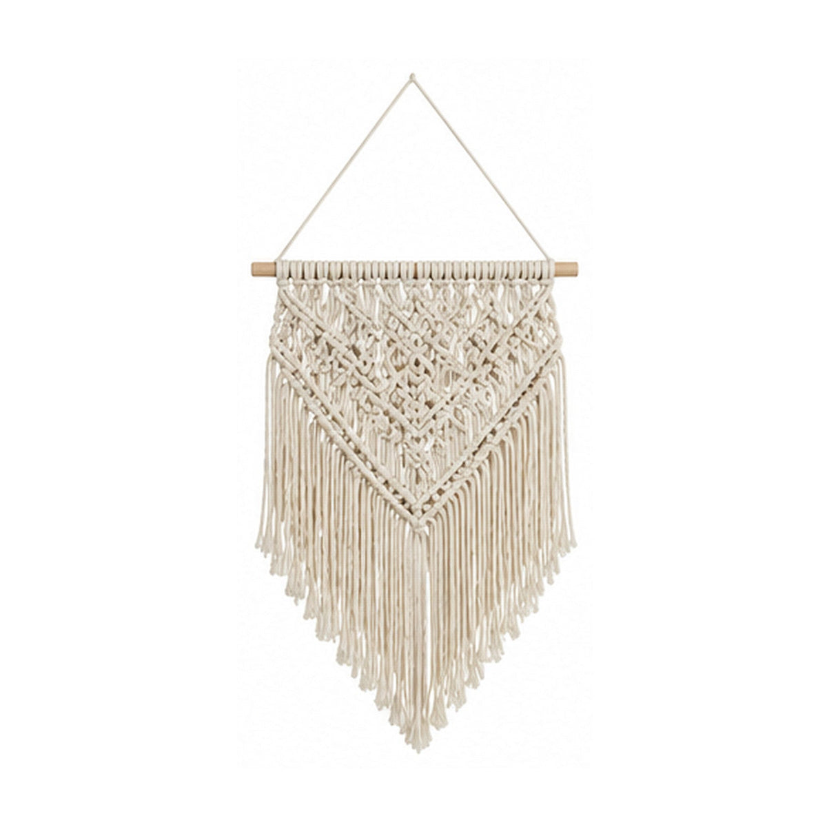Ivory chevron cotton macrame wall hanging with layered knot pattern and long fringe