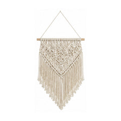 Ivory chevron cotton macrame wall hanging with layered knot pattern and long fringe