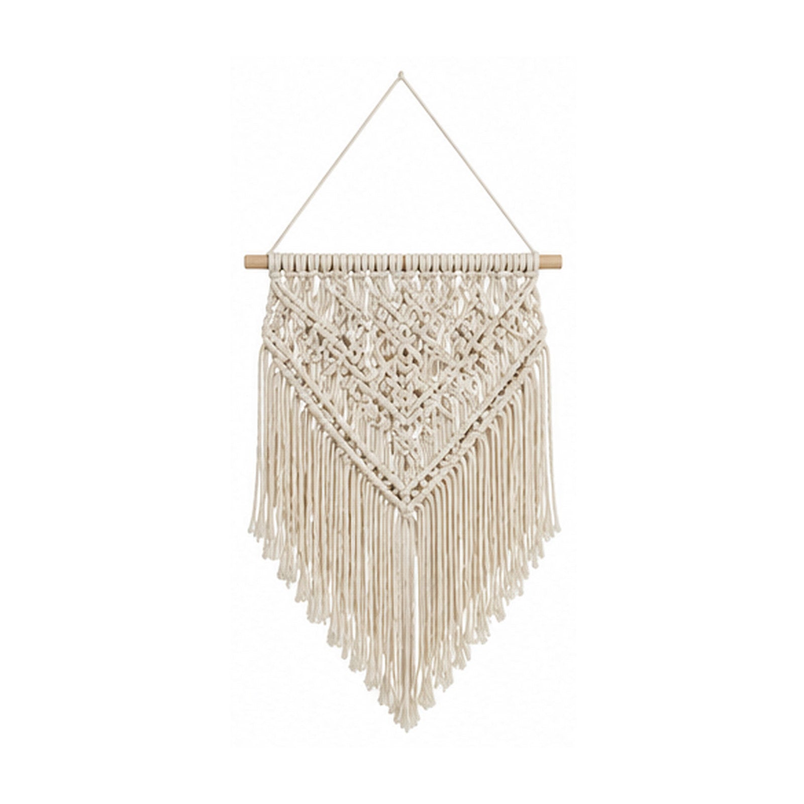 Ivory chevron cotton macrame wall hanging with layered knot pattern and long fringe