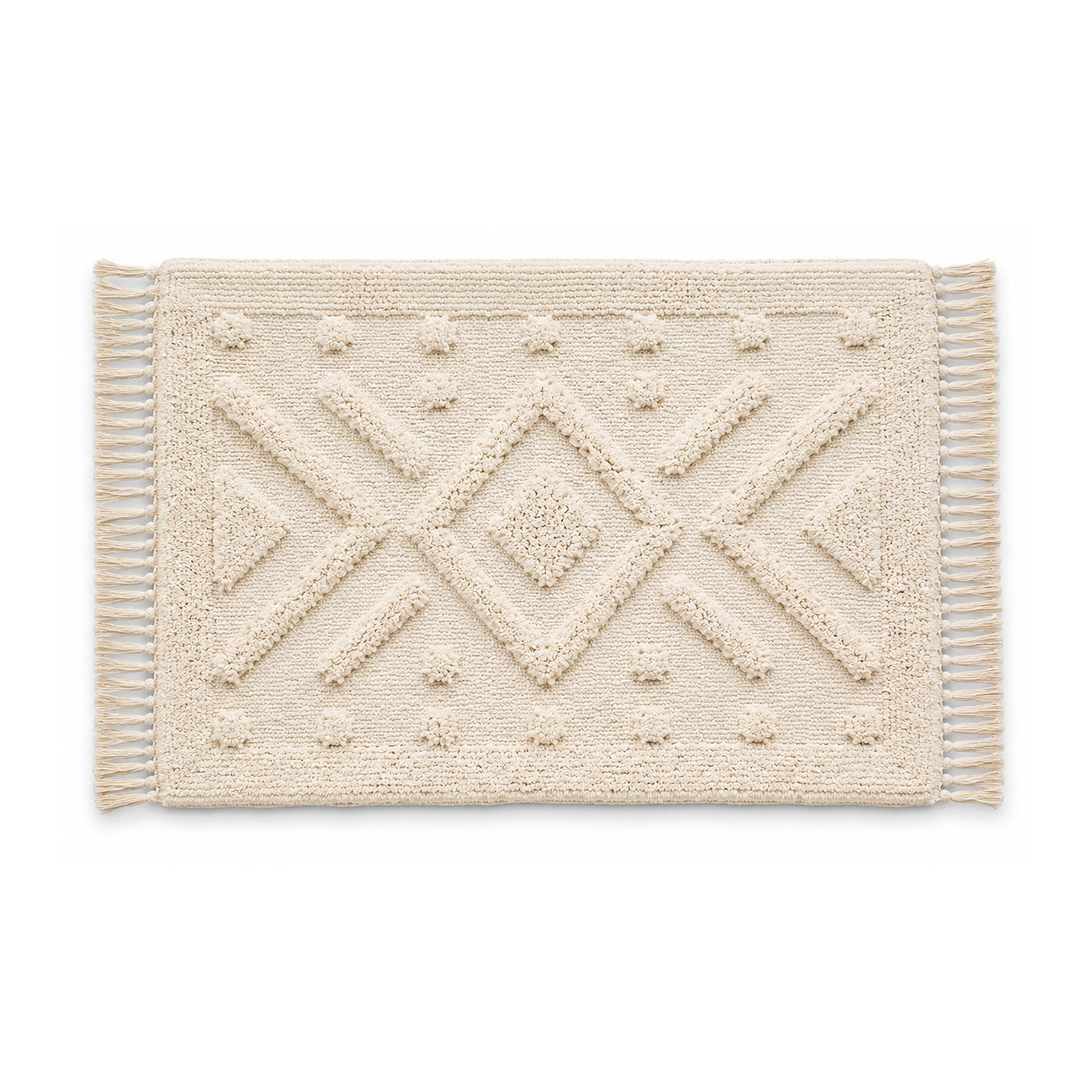 Ivory chevron textured bath mat with fringe on white background