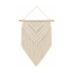 Ivory chevron cotton macrame wall hanging with deep hand-knotted pattern and fringe