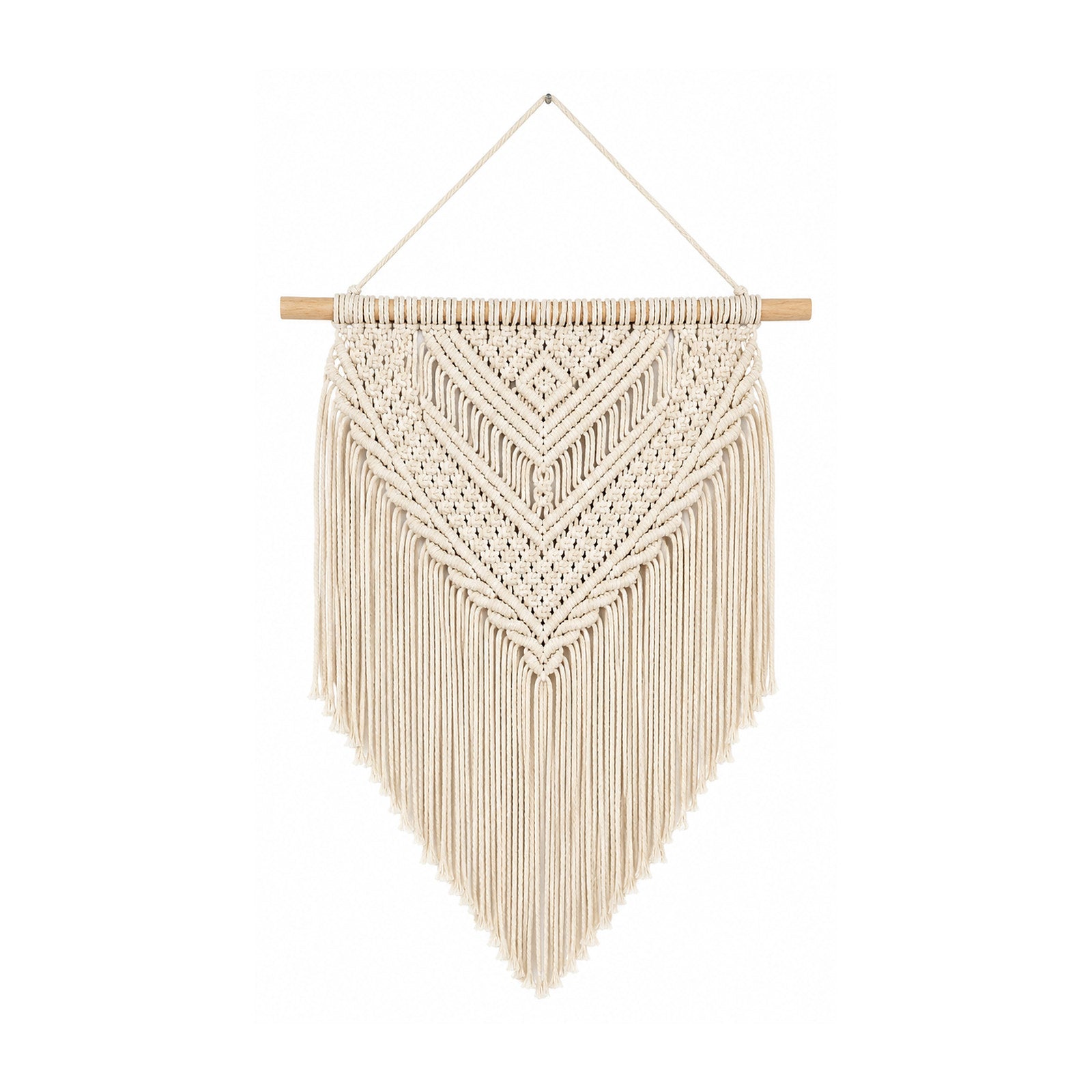 Ivory chevron cotton macrame wall hanging with deep hand-knotted pattern and fringe