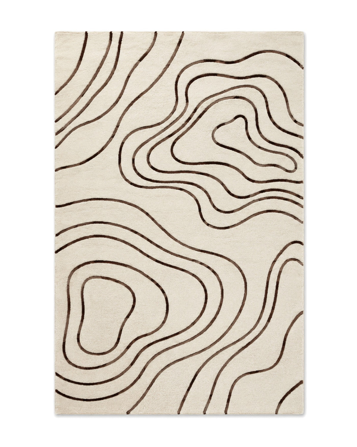 Ivory and chocolate brown cut-pile area rug with flowing topographic contour-line pattern on a white background.