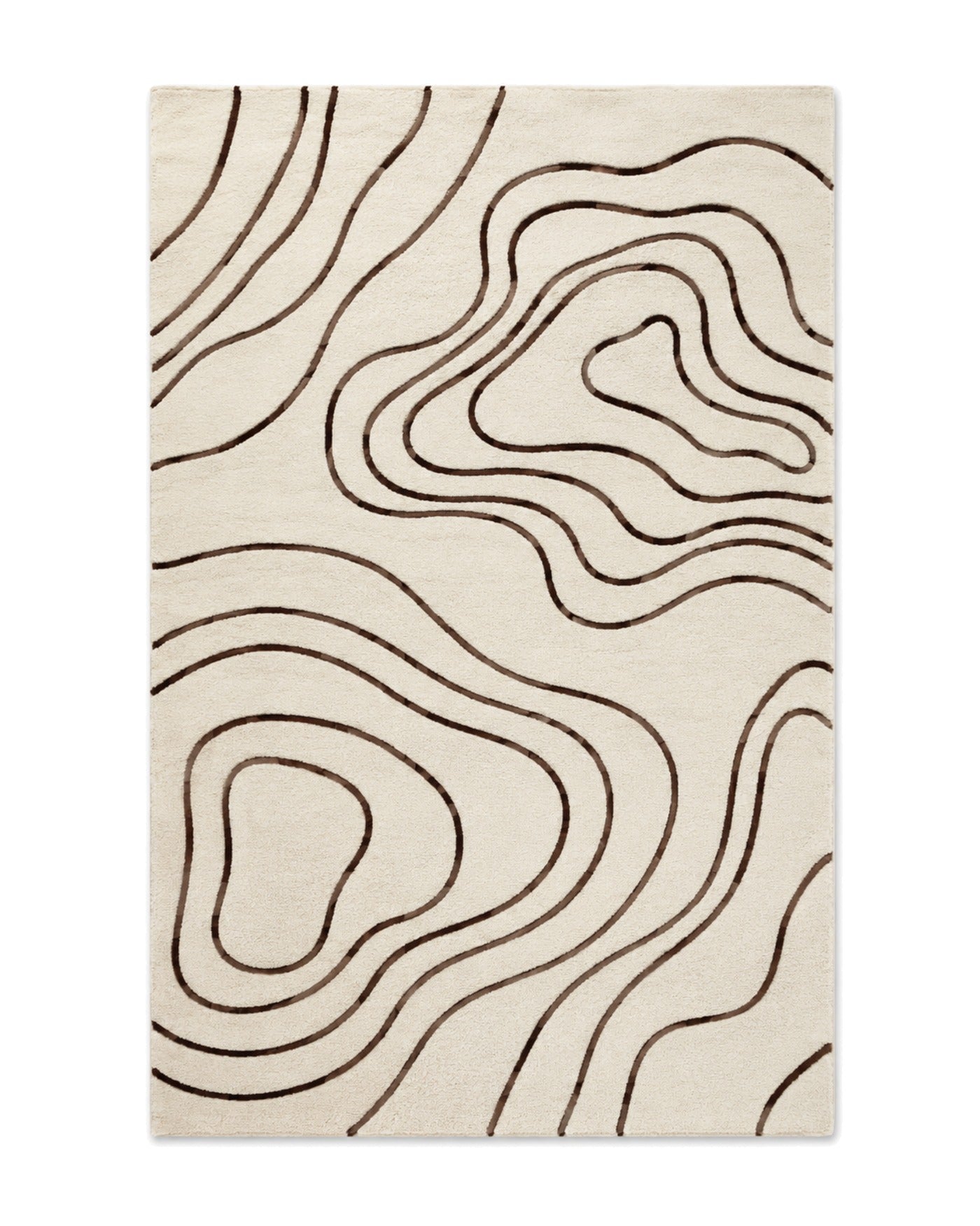 Ivory and chocolate brown cut-pile area rug with flowing topographic contour-line pattern on a white background.