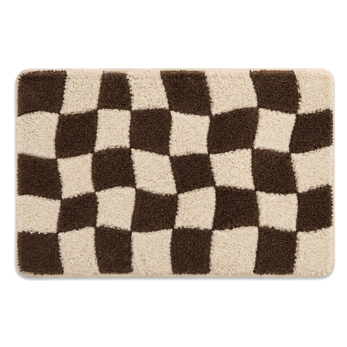 Ivory and chocolate wavy checkerboard bath mat for bold modern bathroom decor - Primeval
