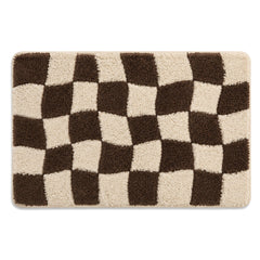 Ivory and chocolate wavy checkerboard bath mat for bold modern bathroom decor - Primeval