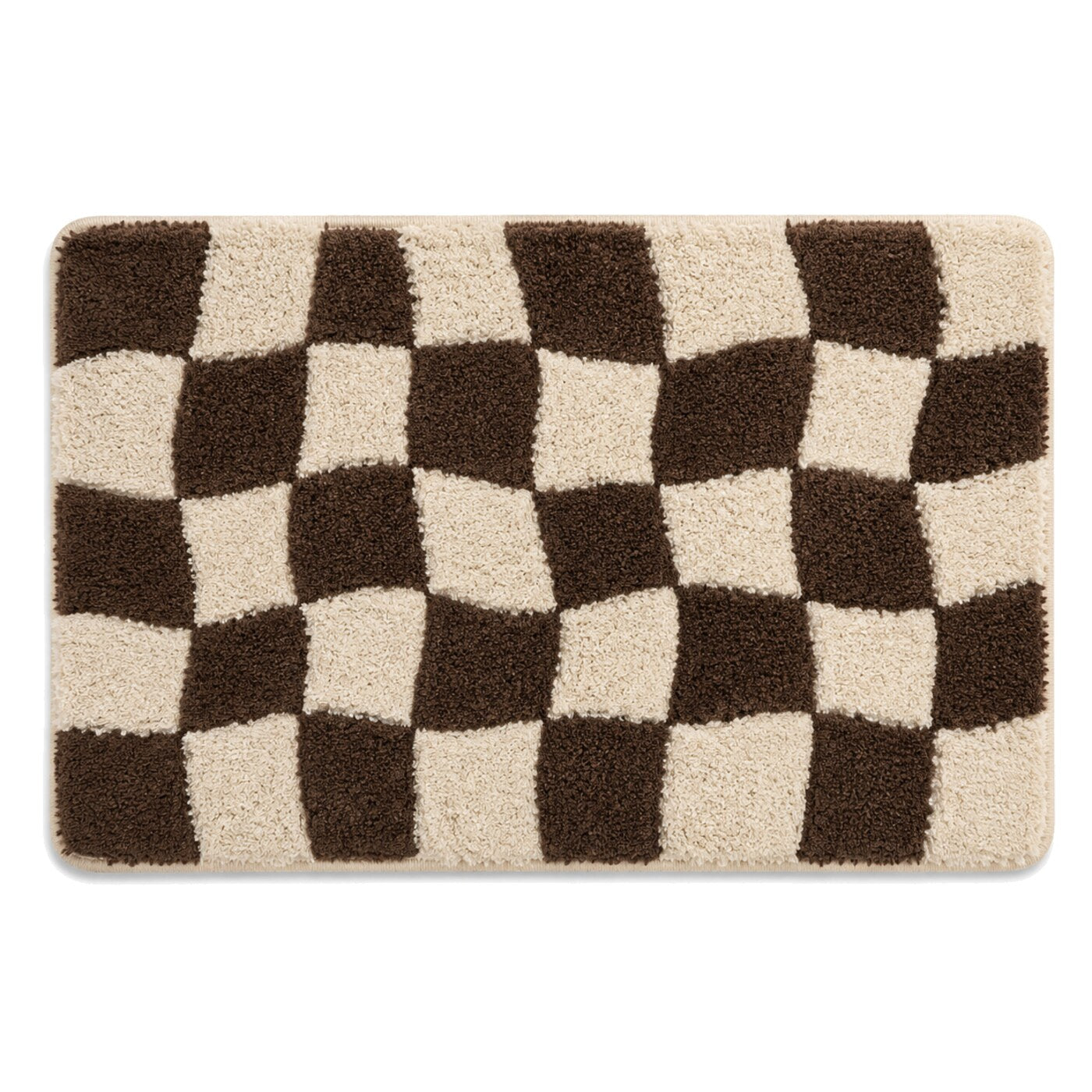 Ivory and chocolate wavy checkerboard bath mat for bold modern bathroom decor - Primeval