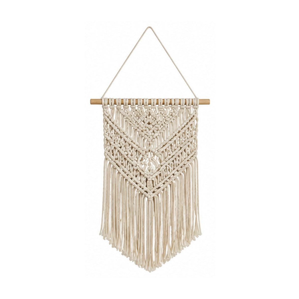 Ivory diamond cotton macrame wall hanging with layered knotwork and long fringe