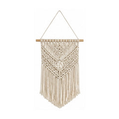 Ivory diamond cotton macrame wall hanging with layered knotwork and long fringe