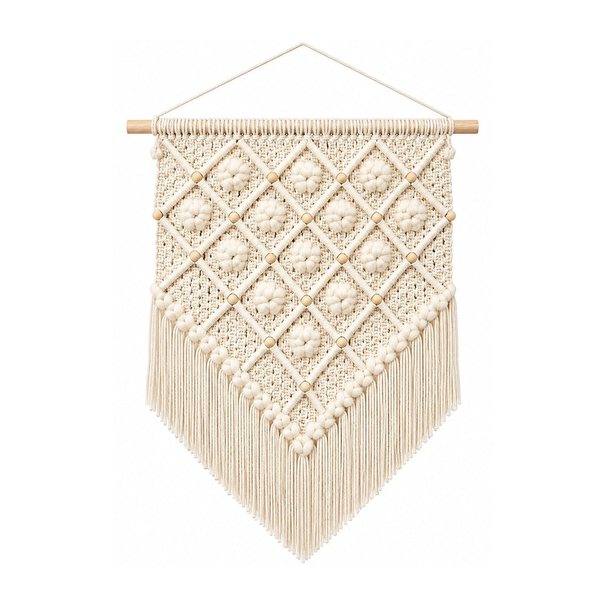 Ivory diamond cotton macrame wall hanging with lattice knotwork and fringe