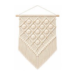 Ivory diamond cotton macrame wall hanging with lattice knotwork and fringe