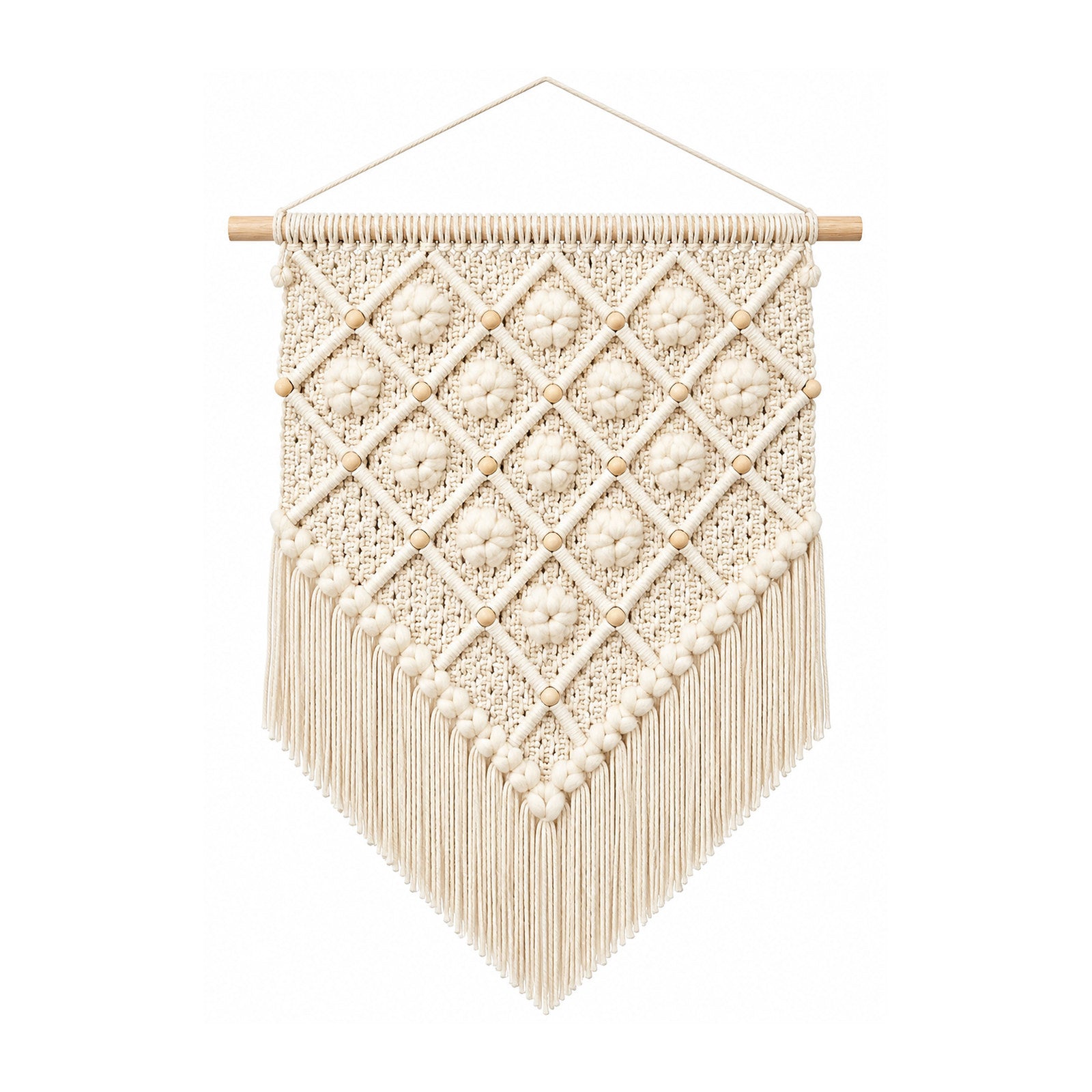 Ivory diamond cotton macrame wall hanging with lattice knotwork and fringe