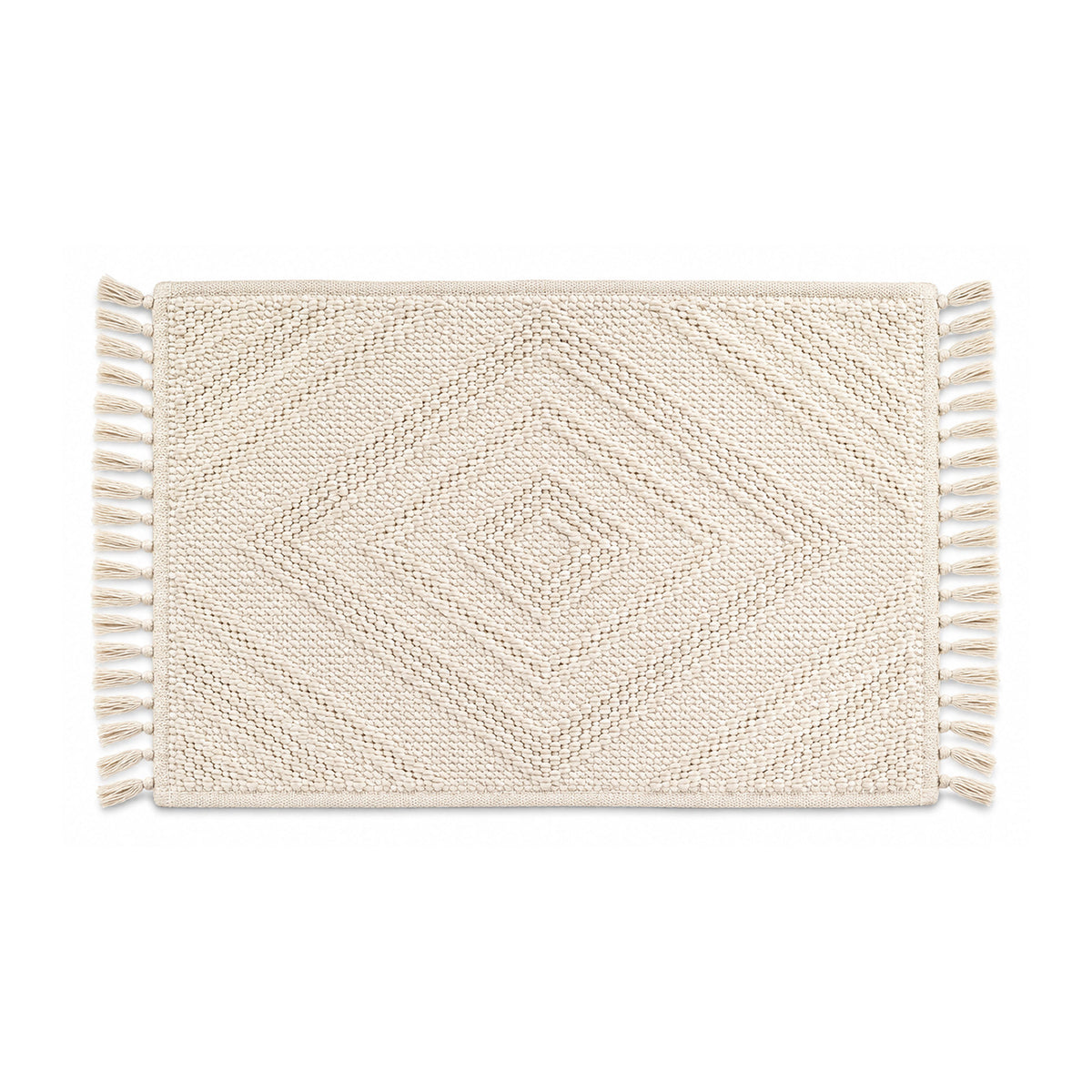 Ivory woven diamond bath mat with fringe on white background