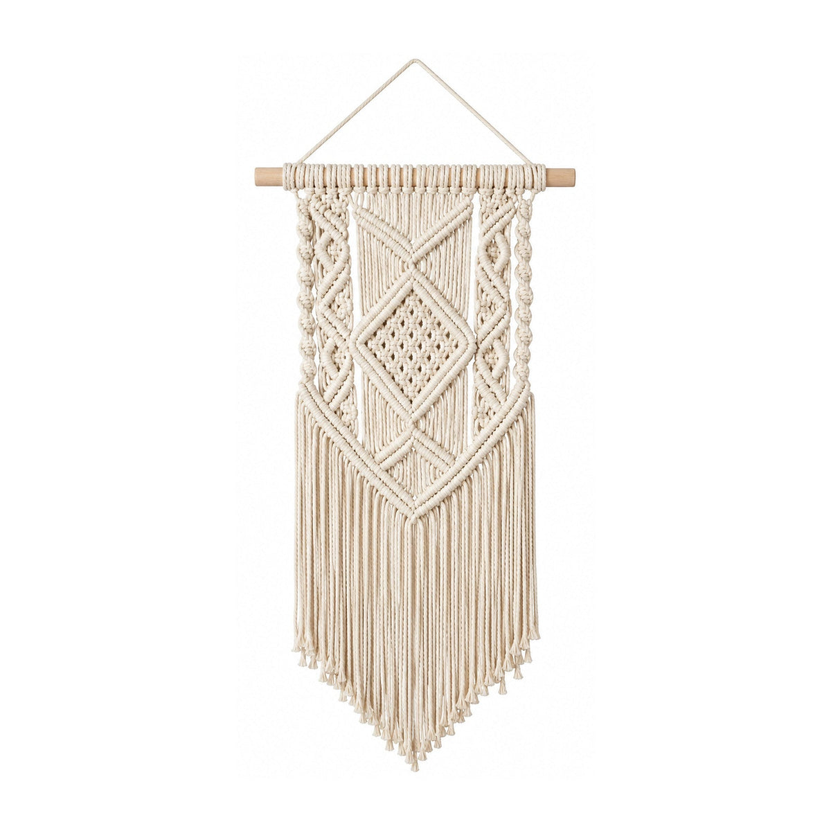 Ivory diamond cotton macrame wall hanging with vertical geometric knotwork and fringe