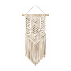 Ivory diamond cotton macrame wall hanging with vertical geometric knotwork and fringe