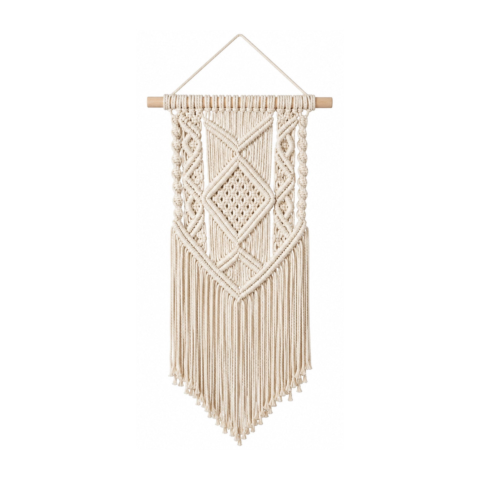 Ivory diamond cotton macrame wall hanging with vertical geometric knotwork and fringe