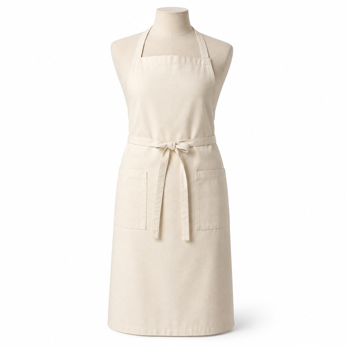 Primeval ivory chef apron with double front pockets displayed on a dress form