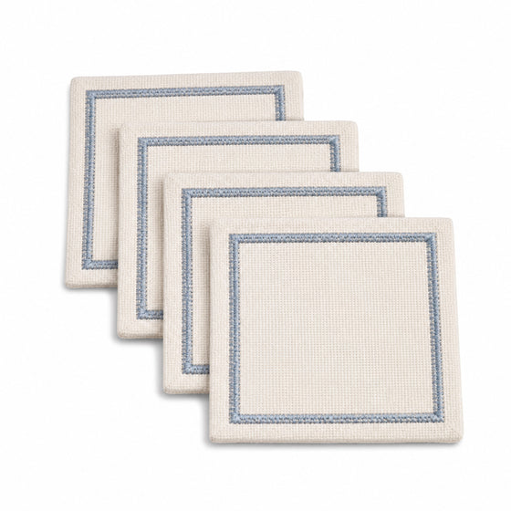 Ivory dusty blue border coaster set on a clean white background