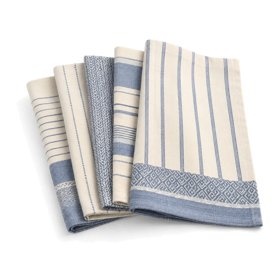 Primeval ivory and dusty blue stripe border cotton kitchen towel set in folded studio presentation