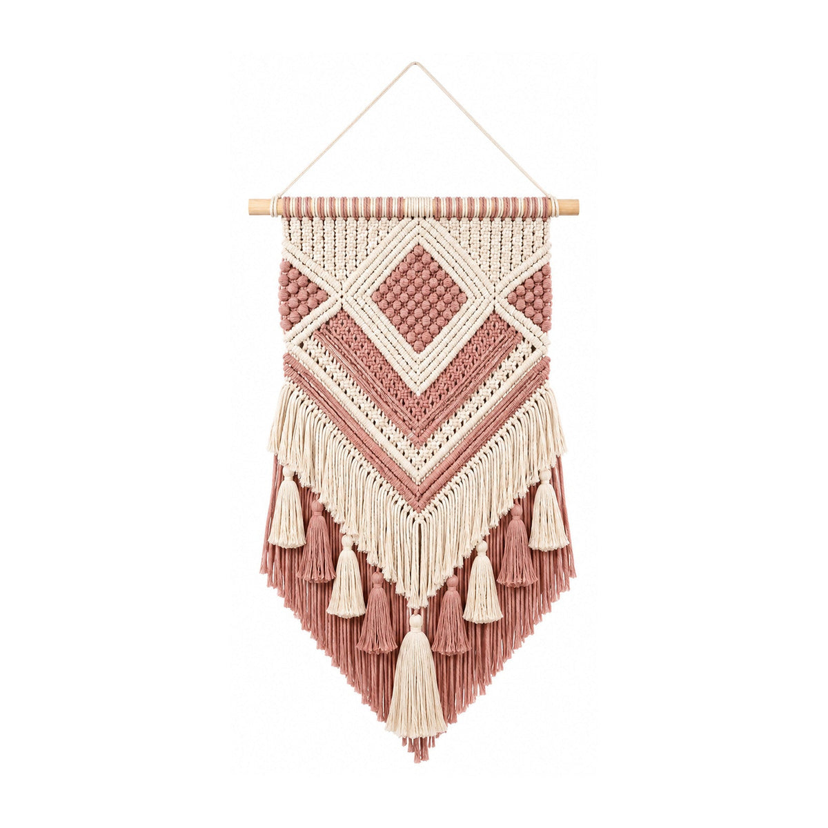 Ivory and dusty rose cotton macrame wall hanging with layered diamond pattern and tassels